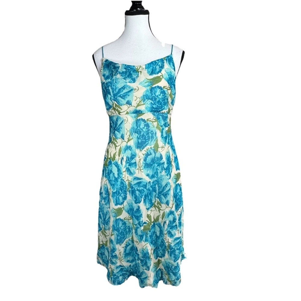 Ann Taylor Silk Slip Midi Dress 4 Blue Green Floral Cowl Neck Y2K Wedding Guest